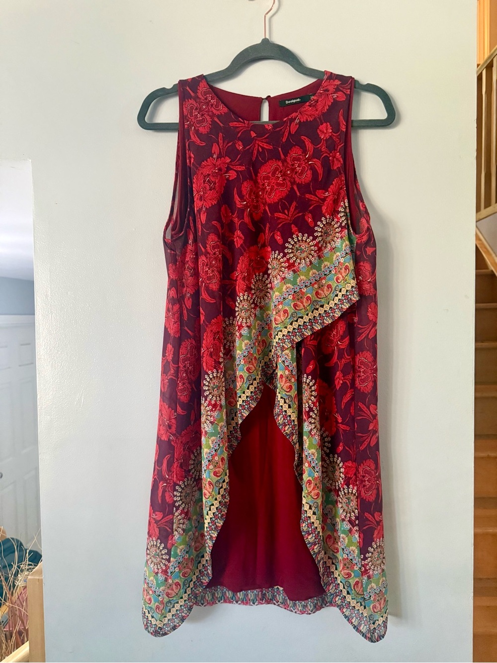 Desigual Red Floral Mini Dress with Multicolor Trim